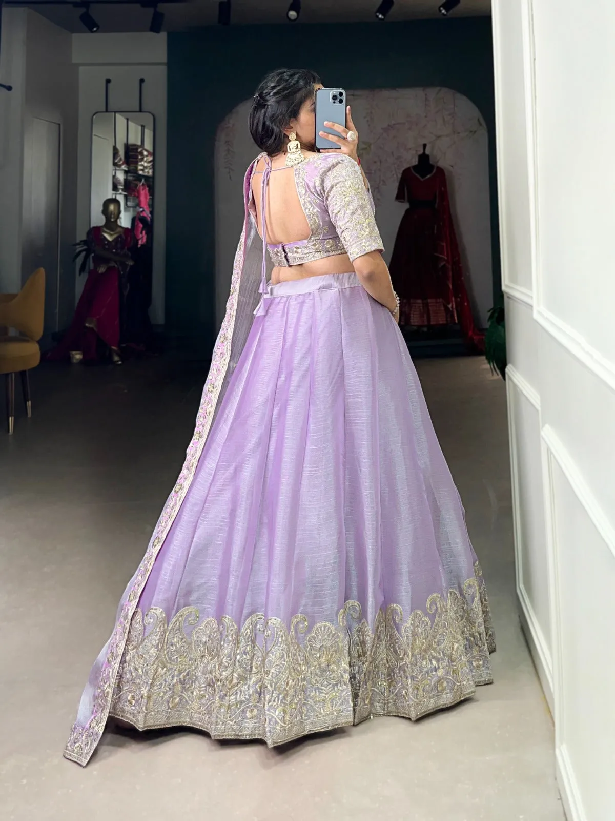 Women's Designer Party Wear Burberry Silk With Sequins Embroidery Lehenga Choli